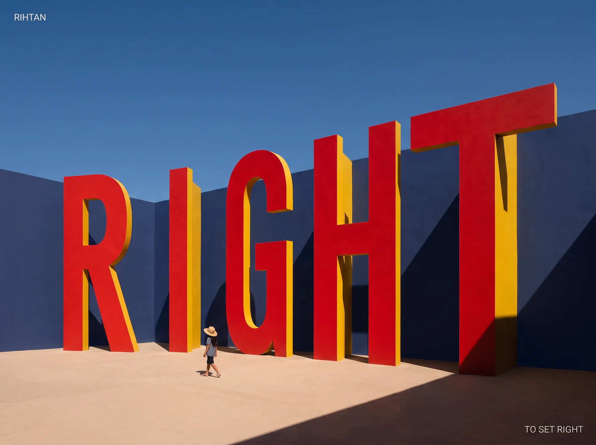 The word RIGHT built from red and gold wall planes in a courtyard