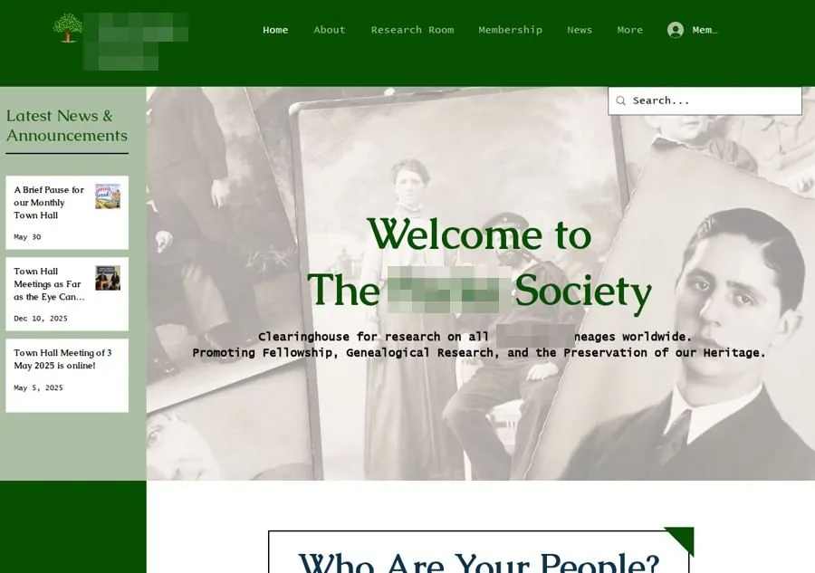 Capture of an unrelated society website that shares the brand's word, name blurred